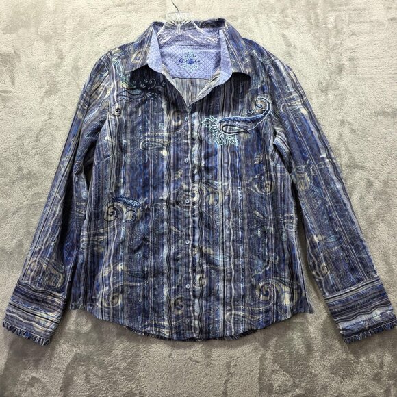 Robert Graham Shirt Womens L Blue Paisley Embroidered Button Up Ruffle Cuff - Picture 1 of 11